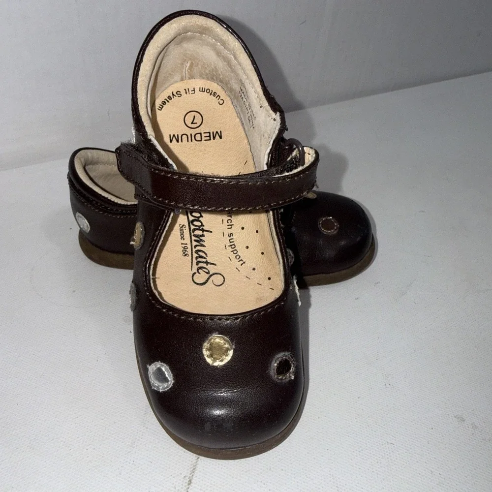 Footmates Brown Leather Mary Jane Metallic Polka Dots Shoes‎ Girl's Size 7 M
